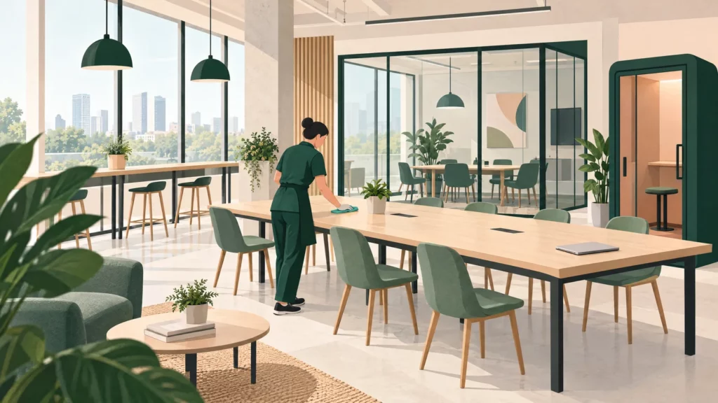 Agent de propreté nettoyant une table partagée dans un espace de coworking des Hauts-de-Seine