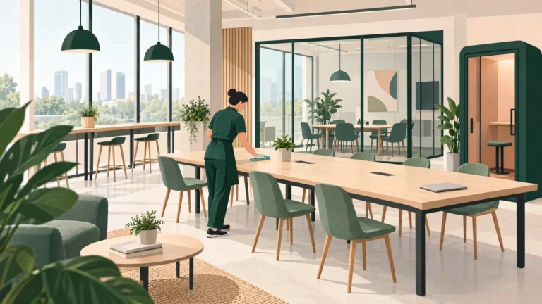 Agent de propreté nettoyant une table partagée dans un espace de coworking des Hauts-de-Seine
